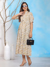 Mitrika White & Yellow Floral Printed Cotton Tiered Midi Dress