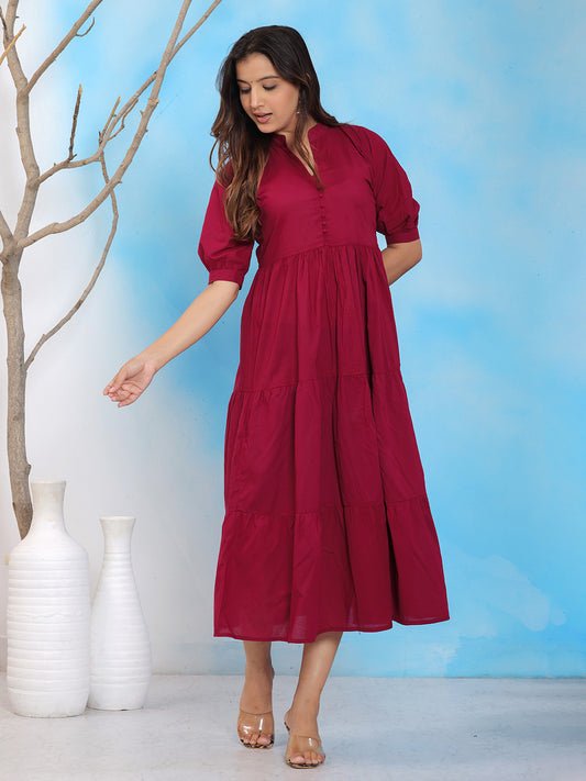 Wine red midi dress, maroon solid dress, tiered midi dress, puff sleeve A-line dress, button down solid dress, plain maroon summer dress, festive midi dress, elegant wine color dress, cotton solid dress for women, 3/4 sleeve midi dress, party wear maroon dress, flowy A-line dress, statement color midi dress, classic solid dress, deep red tiered dress. > Mitrika