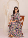 Women Navy Blue Paisley Printed Indo-Western Flared Dress