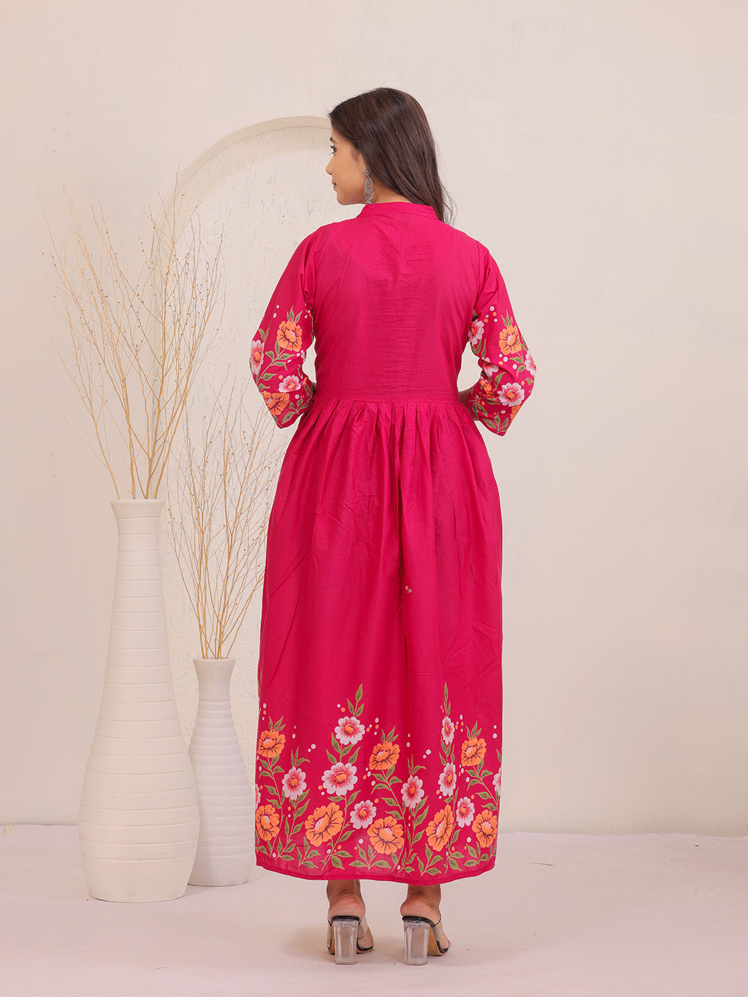 Women summer pink printed fit and flare midi dress