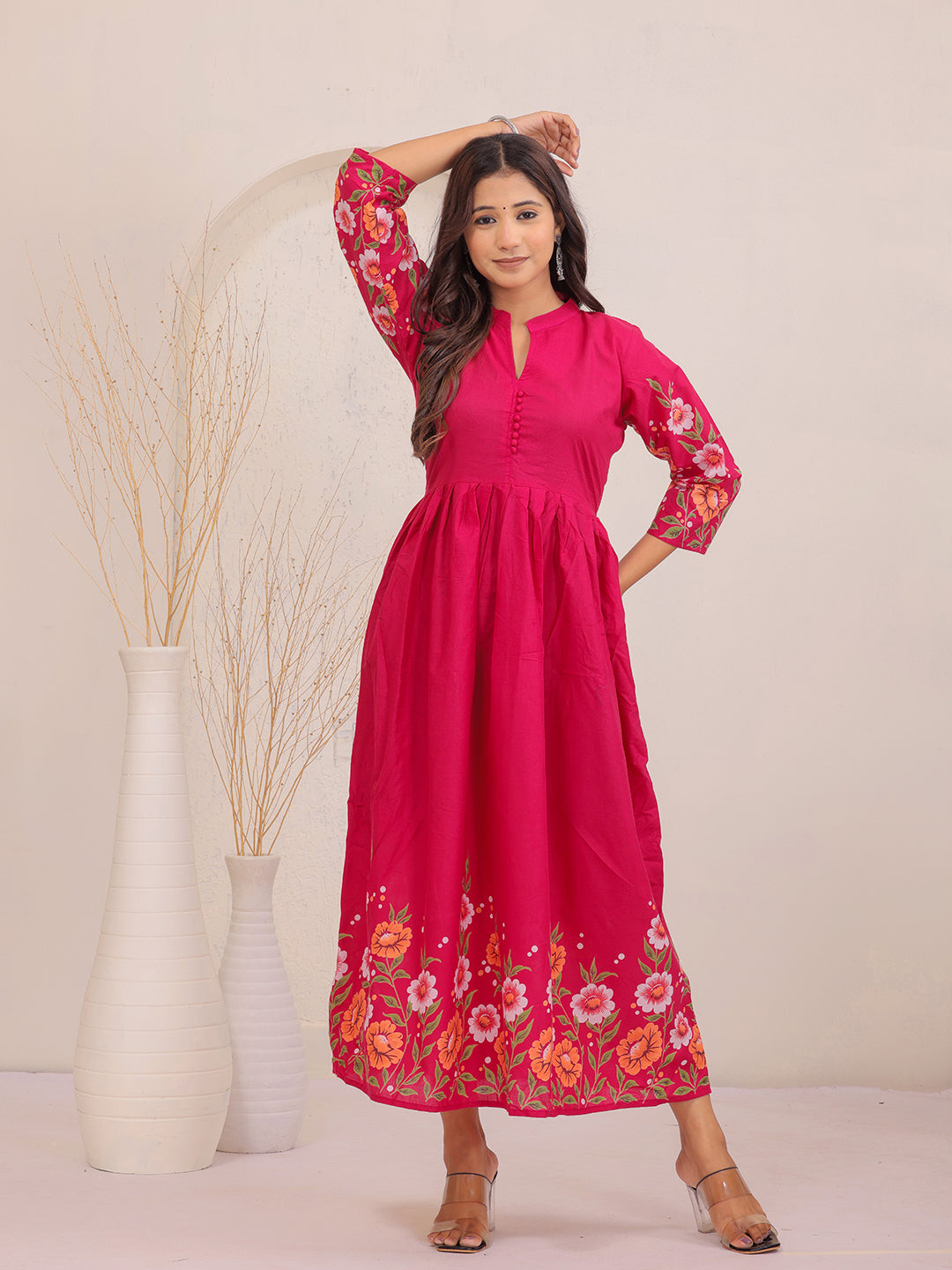Elegant pink floral cotton dress with structured collar