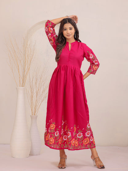 Elegant pink floral cotton dress with structured collar