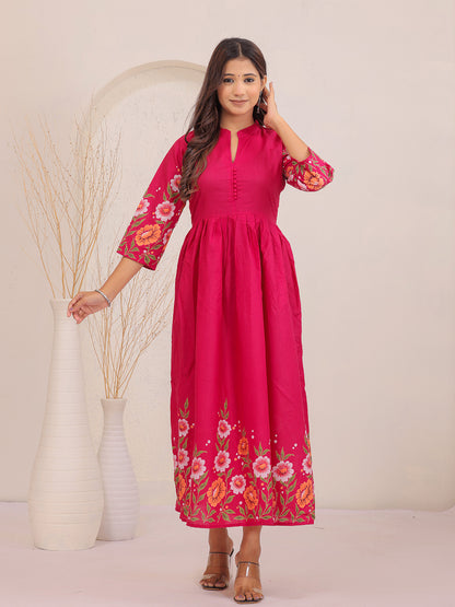 Elegant pink floral cotton dress with structured collar