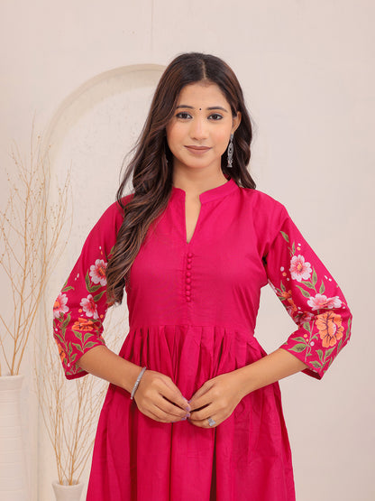 Casual pink floral mandarin collar dress for daytime wear