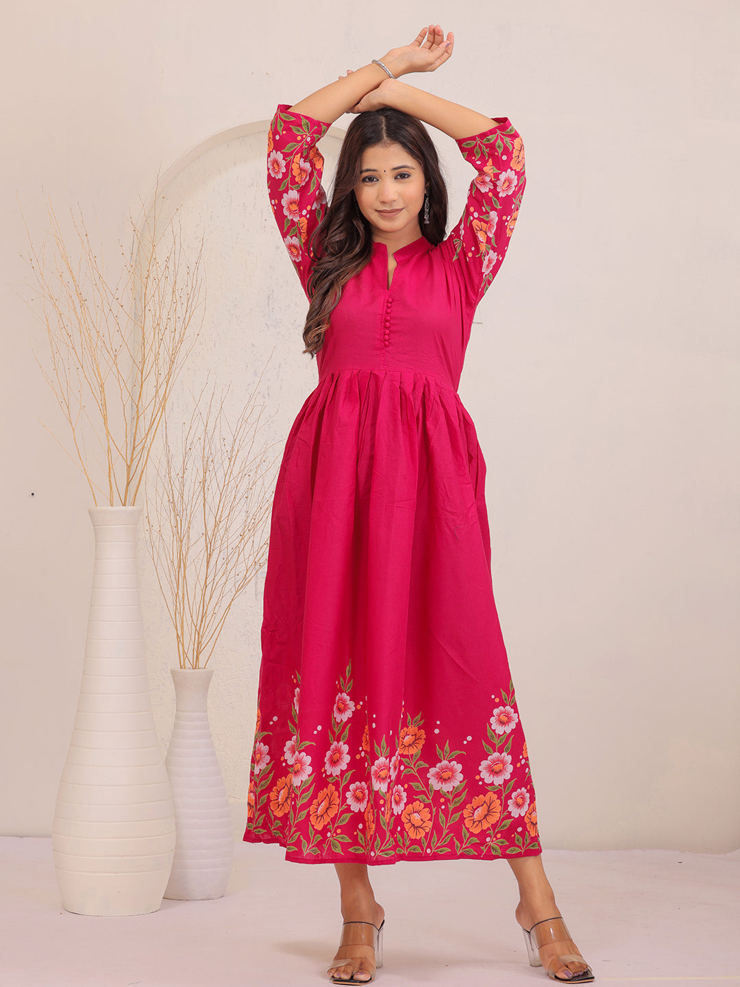 Casual pink floral mandarin collar dress for daytime wear
