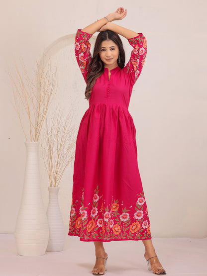 Casual pink floral mandarin collar dress for daytime wear