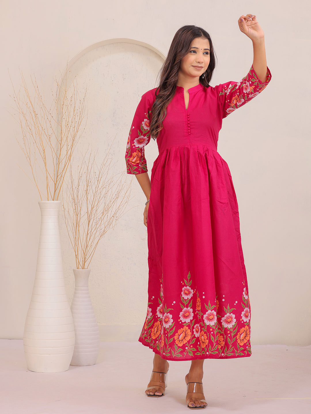 Lightweight pink cotton fit and flare dress for women