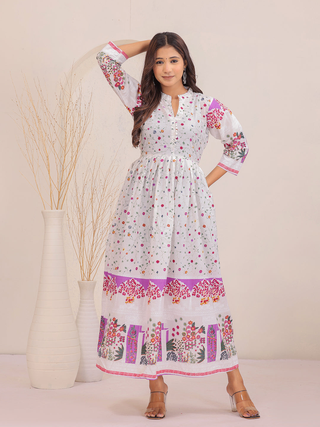 Women lightweight white floral fit and flare dress