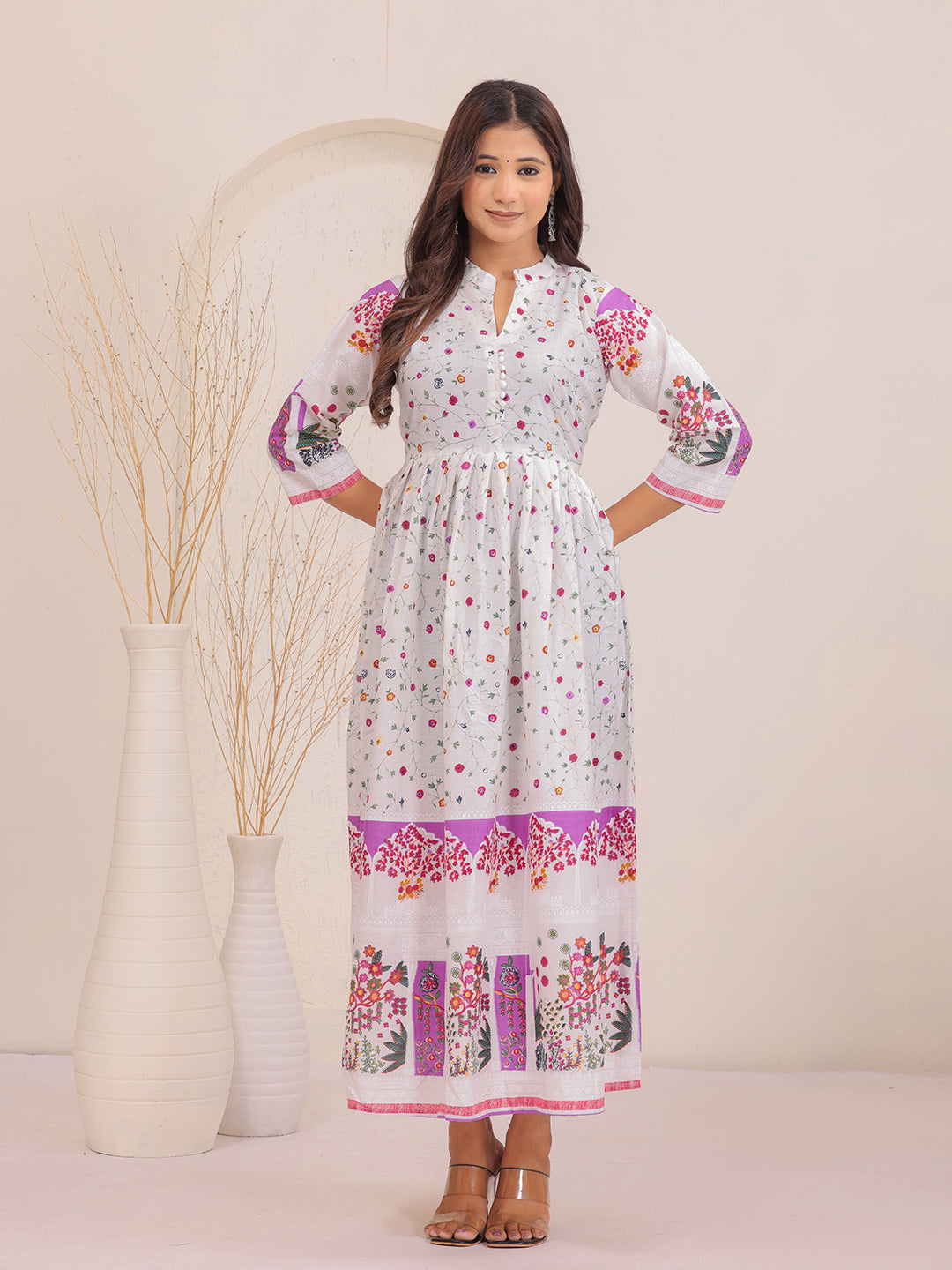 Women white floral printed fit and flared dress with 3/4 sleeves