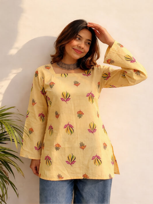 square neck kurti top, bell sleeve kurti top for girls and womens , trending back corset kurti , lace up back kurti , yellow with multicolor floral kurti top, stylish kurti for women and girls , trendy kurti> Mitrika