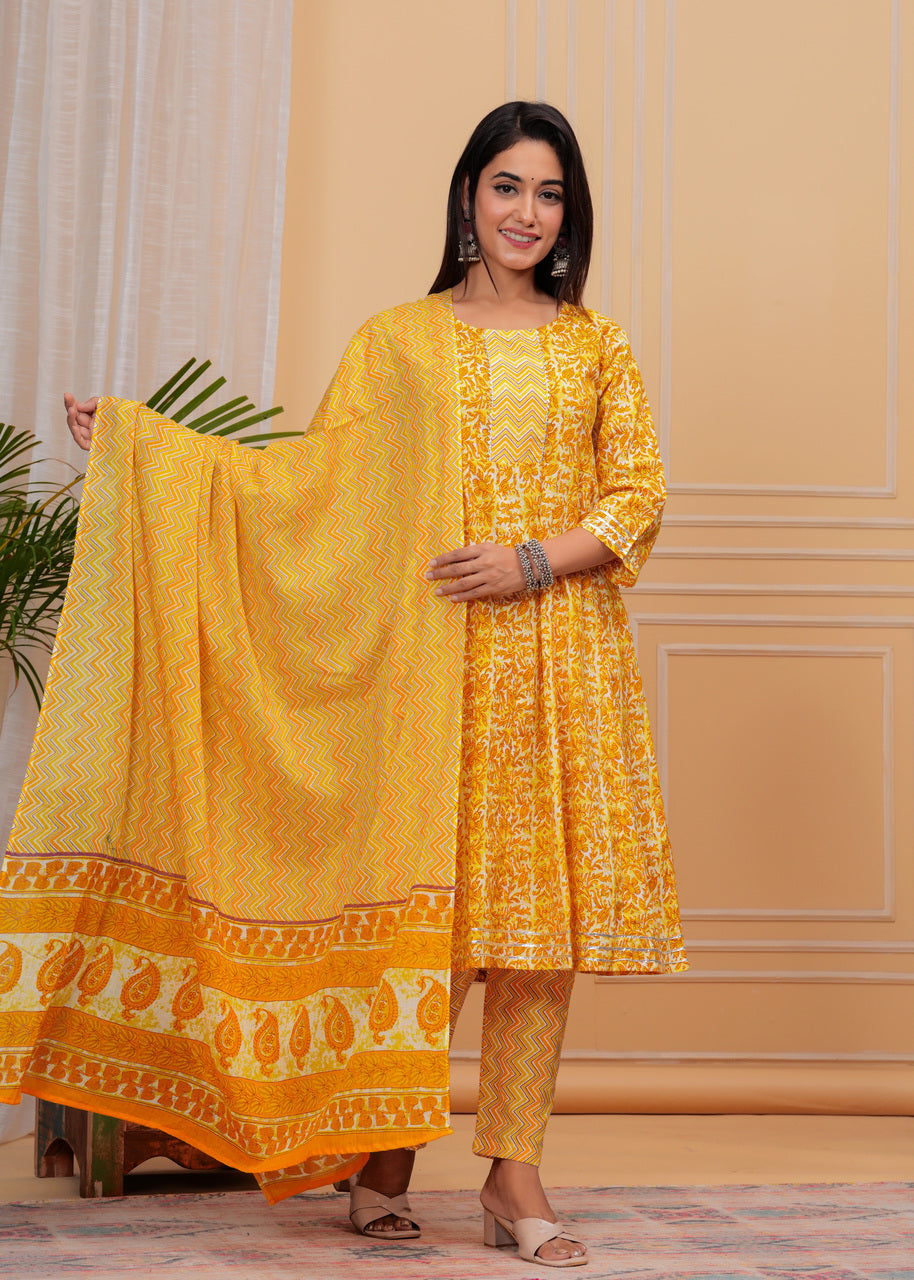 Yellow, Dupatta set, Floral, mitrika, Kurta, Kurti > Mitrika