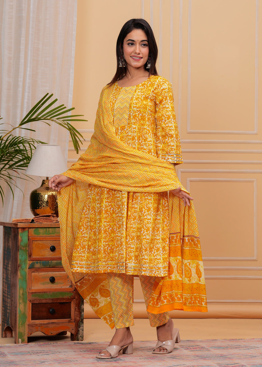 Yellow, Dupatta set, Floral, mitrika, Kurta, Kurti