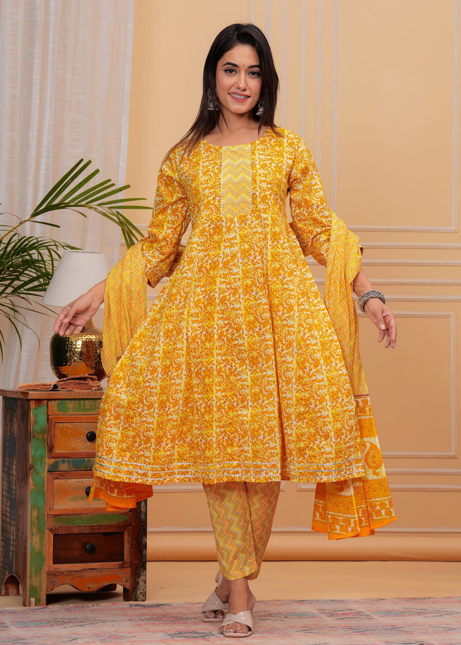 Yellow, Dupatta set, Floral, mitrika, Kurta, Kurti