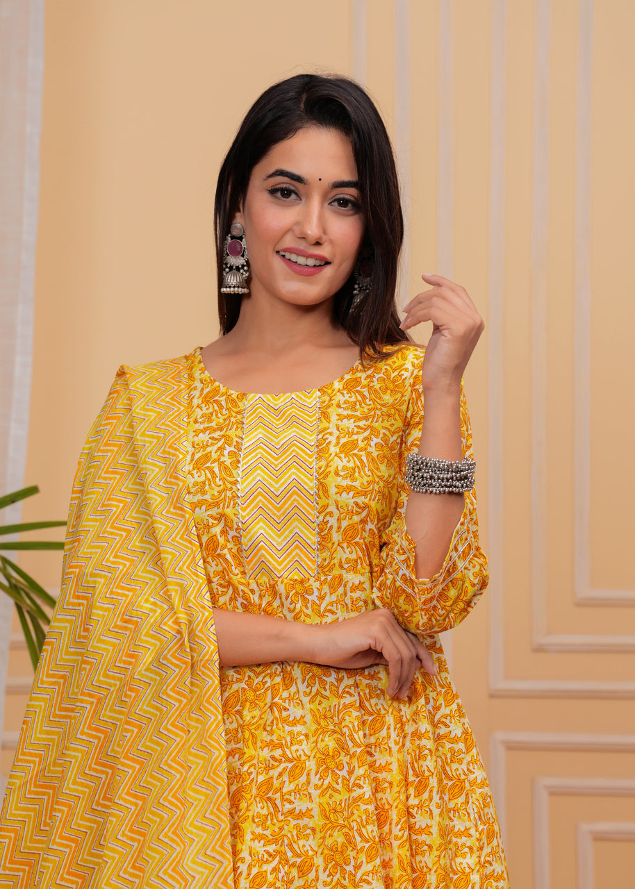 Yellow, Dupatta set, Floral, mitrika, Kurta, Kurti