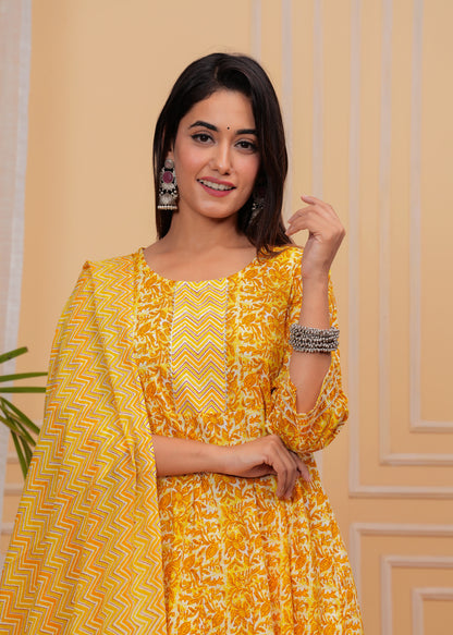Yellow, Dupatta set, Floral, mitrika, Kurta, Kurti