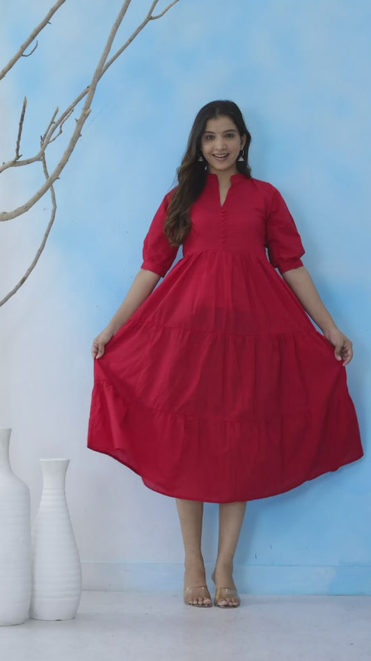 Mitrika Solid Red Mandarin Collar A-Line Tiered Cotton Midi Dress