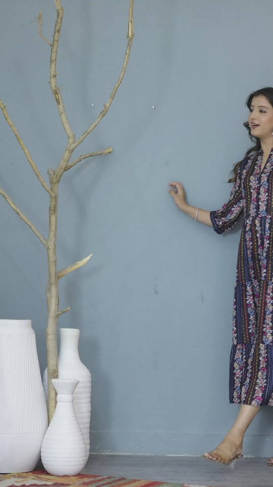 Mitrika Midnight Blue Floral stripes Viscose Rayon Fit & Flare Midi Dress