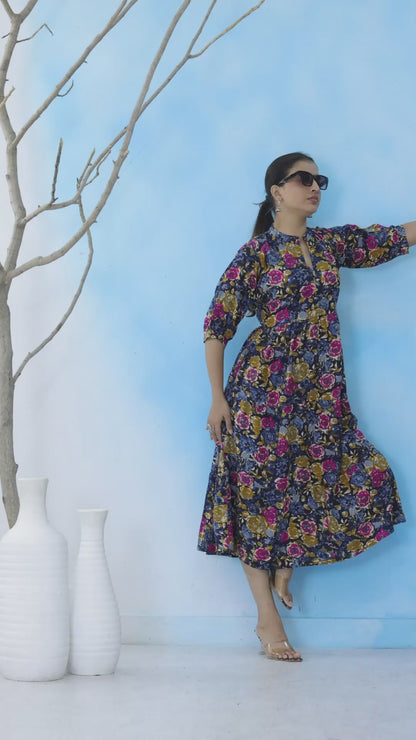 Mitrika Elegant Floral Printed Navy Blue A-Line Midi Dress