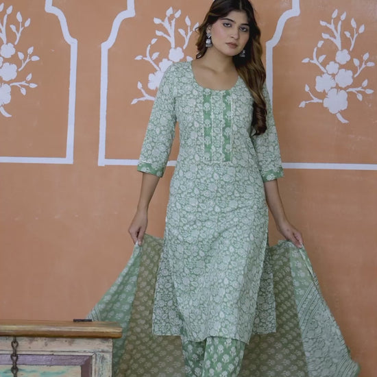 Women green floral kurta pant dupatta set by Mitrika