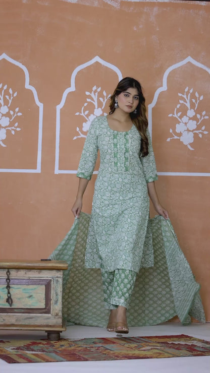 Women green floral kurta pant dupatta set by Mitrika