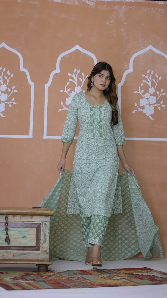 Women green floral kurta pant dupatta set by Mitrika