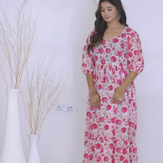 Pink floral fit and flare dress with sweetheart neckline