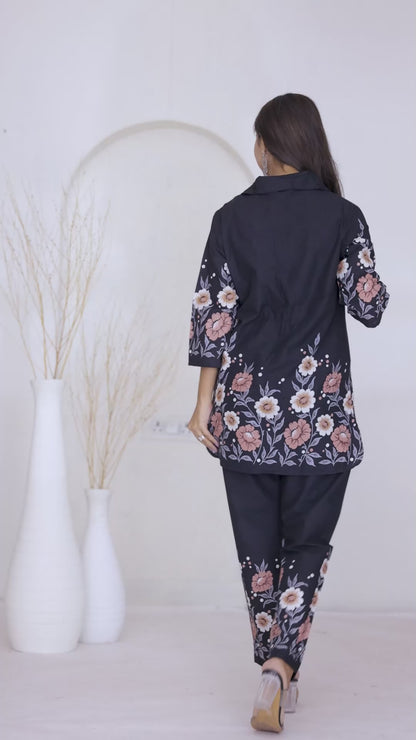 Black Floral Printed Cotton Shirt Collar Co-Ord Set for Women