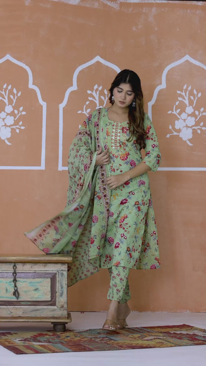 Women sage green floral kurta set by Mitrika
