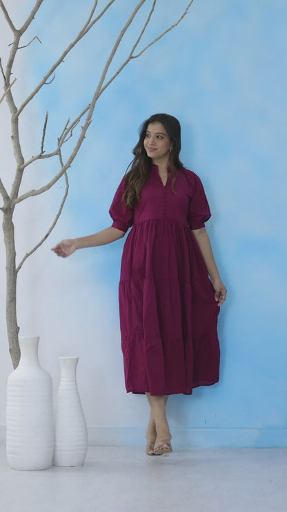 Mitrika Wine Mandarin Collar Tiered Cotton A-Line Midi Dress