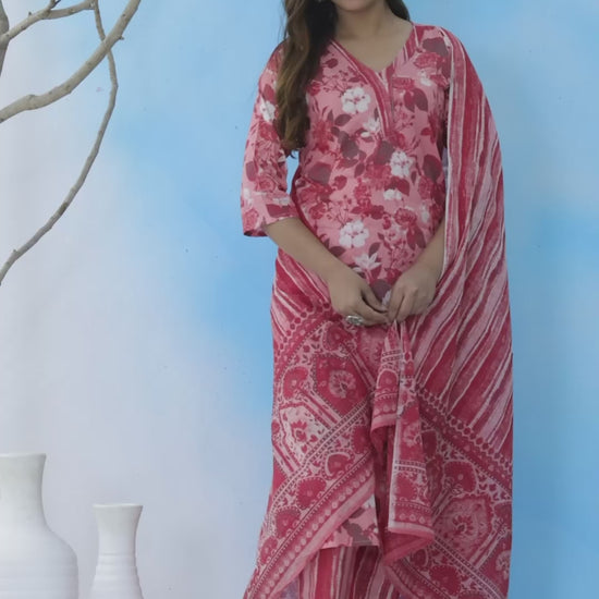 red floral kurta set, cotton kurta with dupatta, festive wear kurta set, ethnic cotton set, party wear kurta, Dupatta Set, > Mitrika 