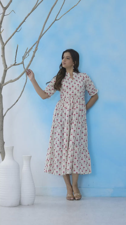 Mitrika White & Pink Floral Printed Mandarin Collar Tiered A-Line Midi Dress
