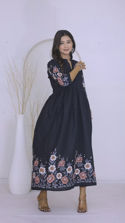 Premium Black Floral Printed Fit & Flare Dress with 3/4 Sleeves
