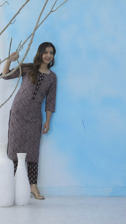 Mitrika Elegant Black Printed Cotton Kurta Set