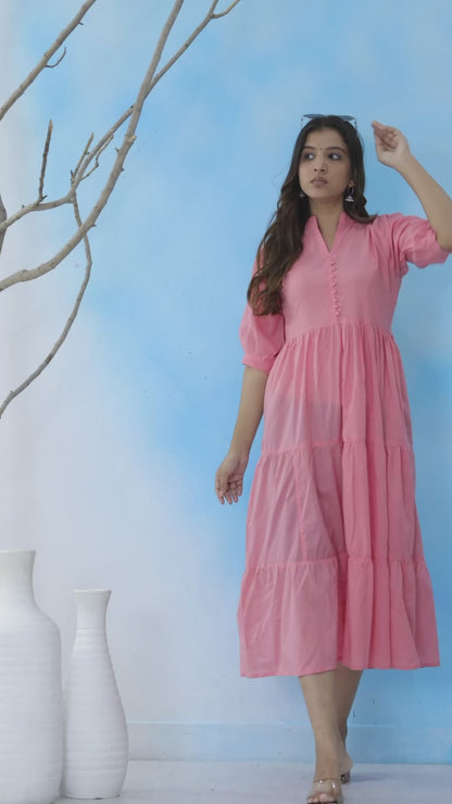 Mitrika Peach Cotton Tiered A-Line Fit & Flare Midi Dress