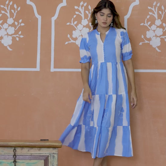 Women striped cotton tiered midi dress by Mitrika