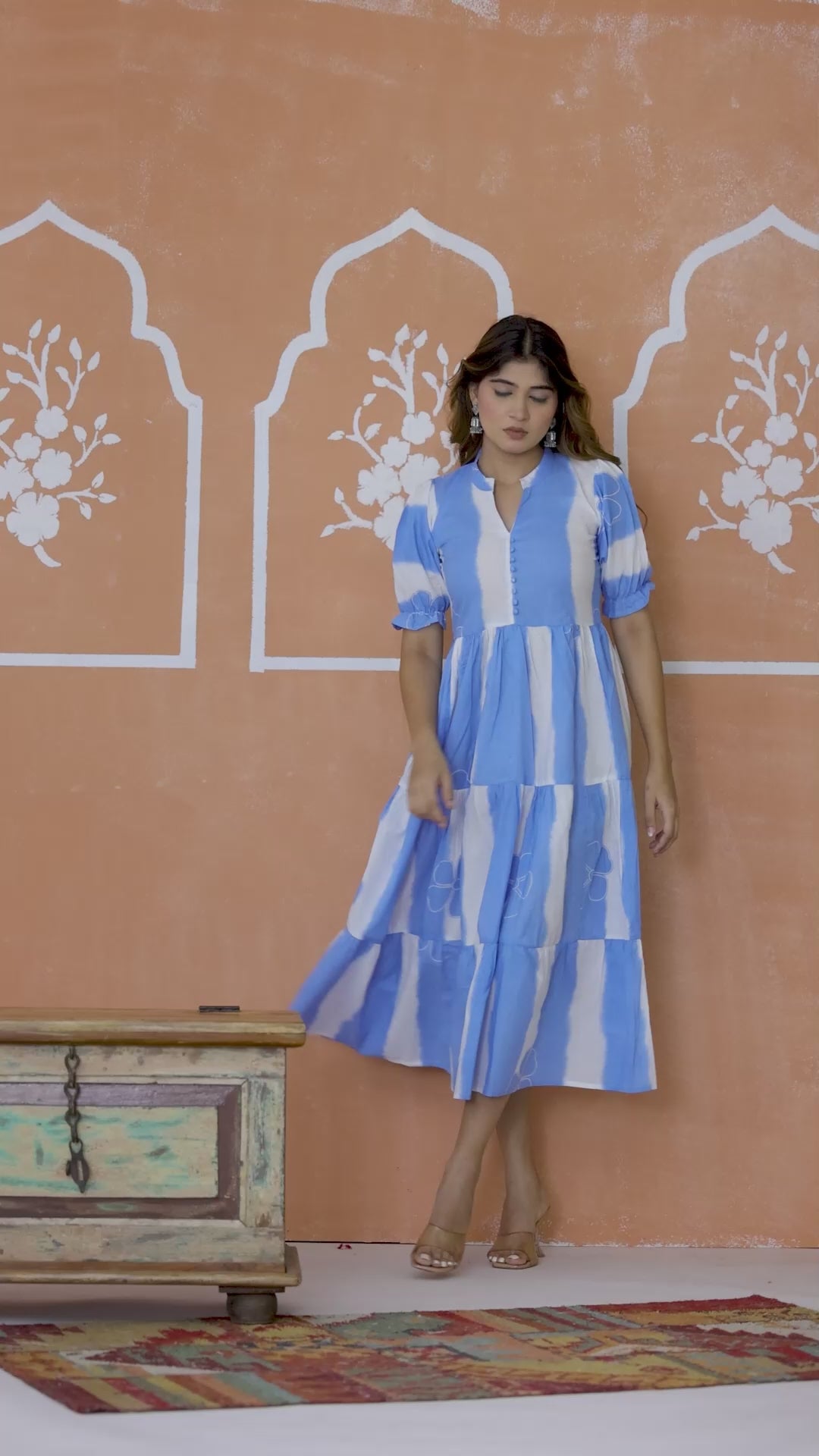 Women striped cotton tiered midi dress by Mitrika