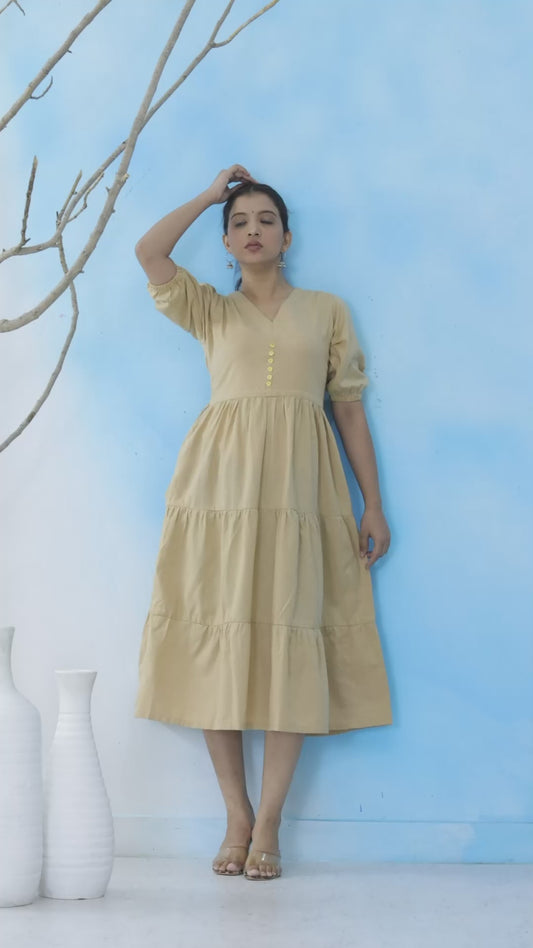 Mitrika Beige Tiered V-Neck Midi Dress with Puff Sleeves