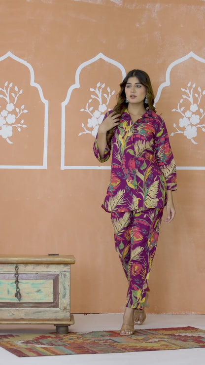 Purple Tropical Print Co-ord Set for Women – Shirt & Straight Pants