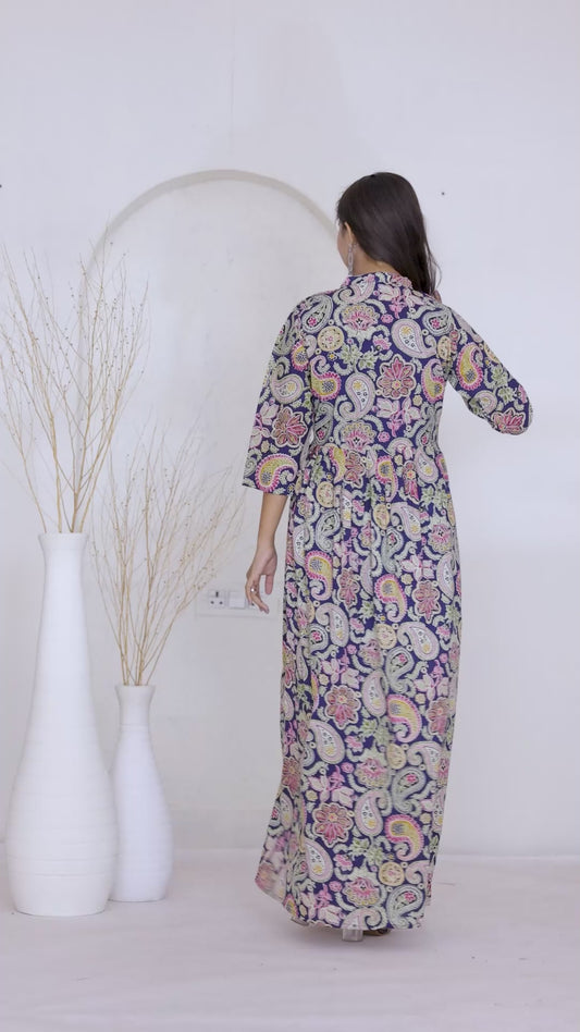 Women Navy Blue Paisley Printed Indo-Western Flared Dress