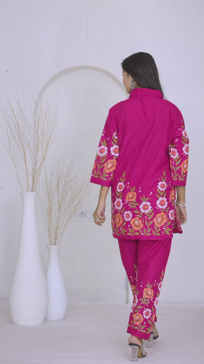Pink Floral Printed Cotton Shirt Collar Co-Ord Set for Women