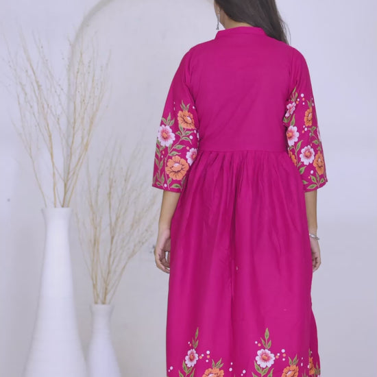 Pink floral cotton dress with mandarin collar and flared hem