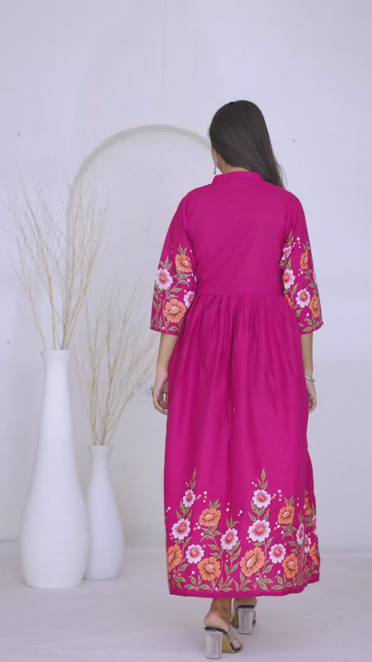 Pink floral cotton dress with mandarin collar and flared hem