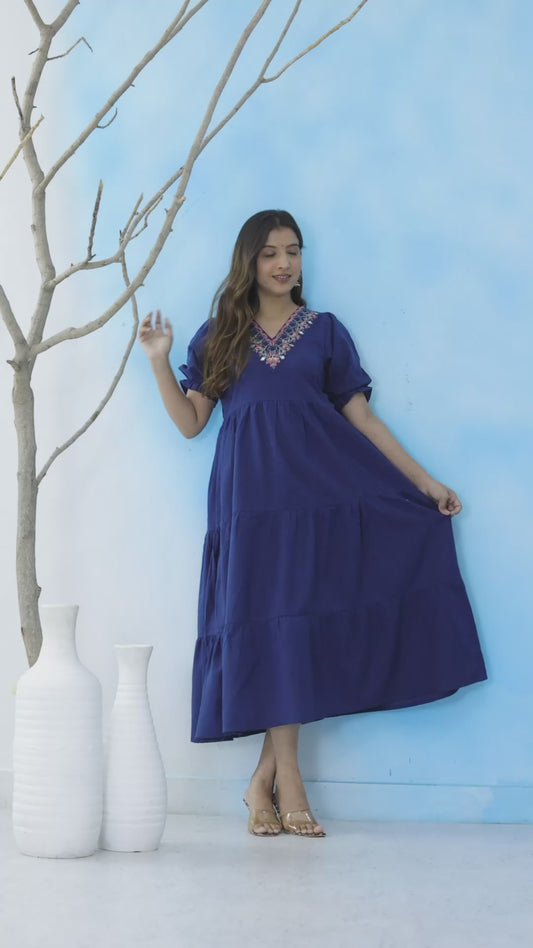 Mitrika Navy Blue Cotton Tiered Dress with Floral Embroidery