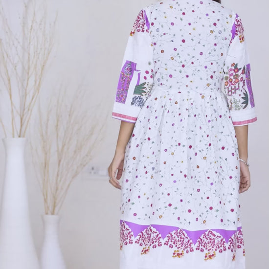 White floral knee length fit and flare summer dress for women