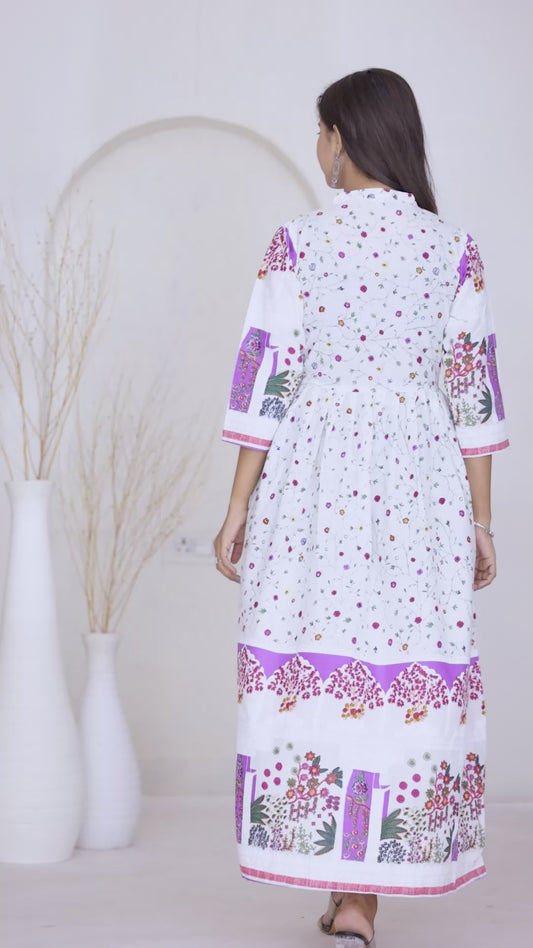 White floral knee length fit and flare summer dress for women