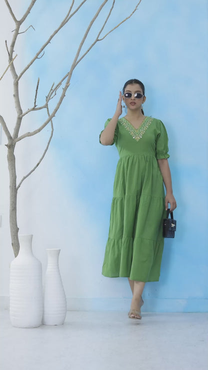 Mitrika Elegant Green Embroidered V-Neck Tiered Cotton Midi Dress