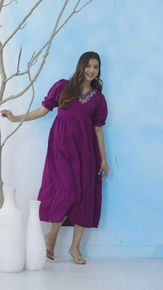 Mitrika Wine Cotton A-Line Flared Embroidered Midi Dress
