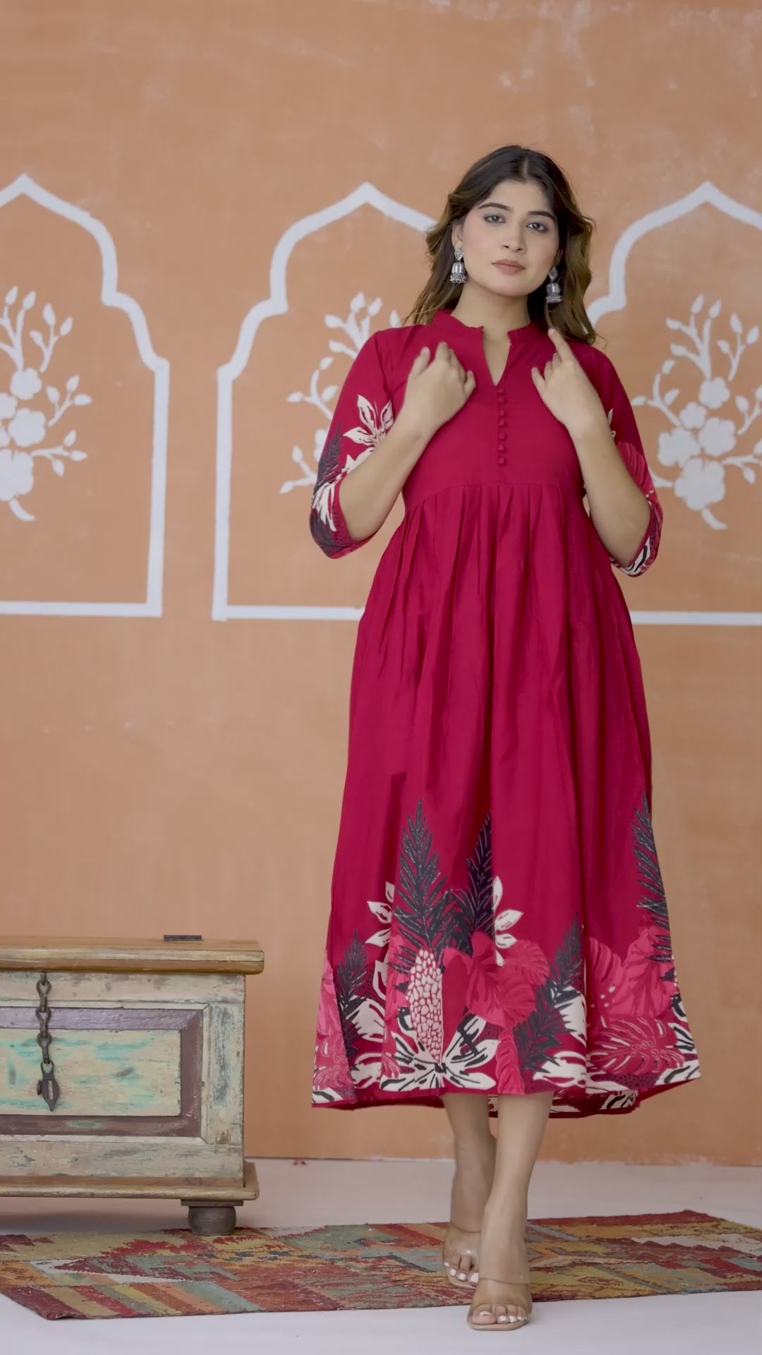 Red Floral  print fit & flare dress_Mitrika