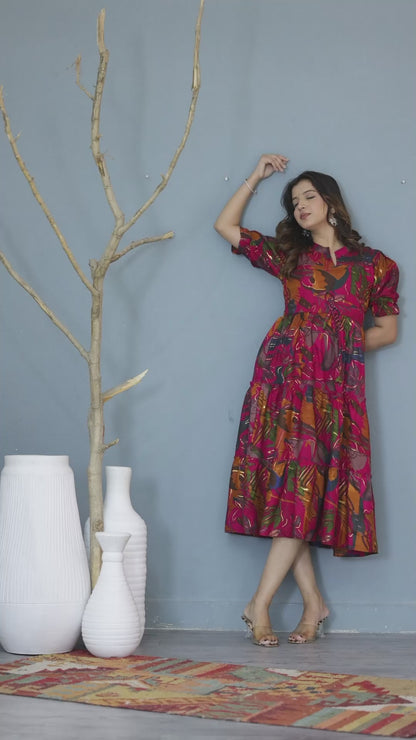 Mitrika Tropical Bloom Viscose Rayon Fit & Flare Midi Dress
