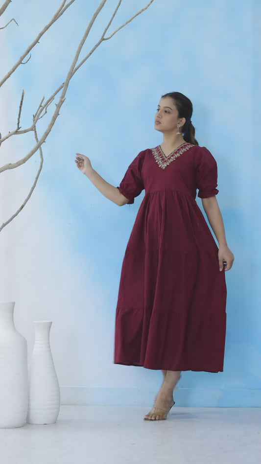 Mitrika Elegant Maroon Cotton A-Line Embroidered Midi Dress